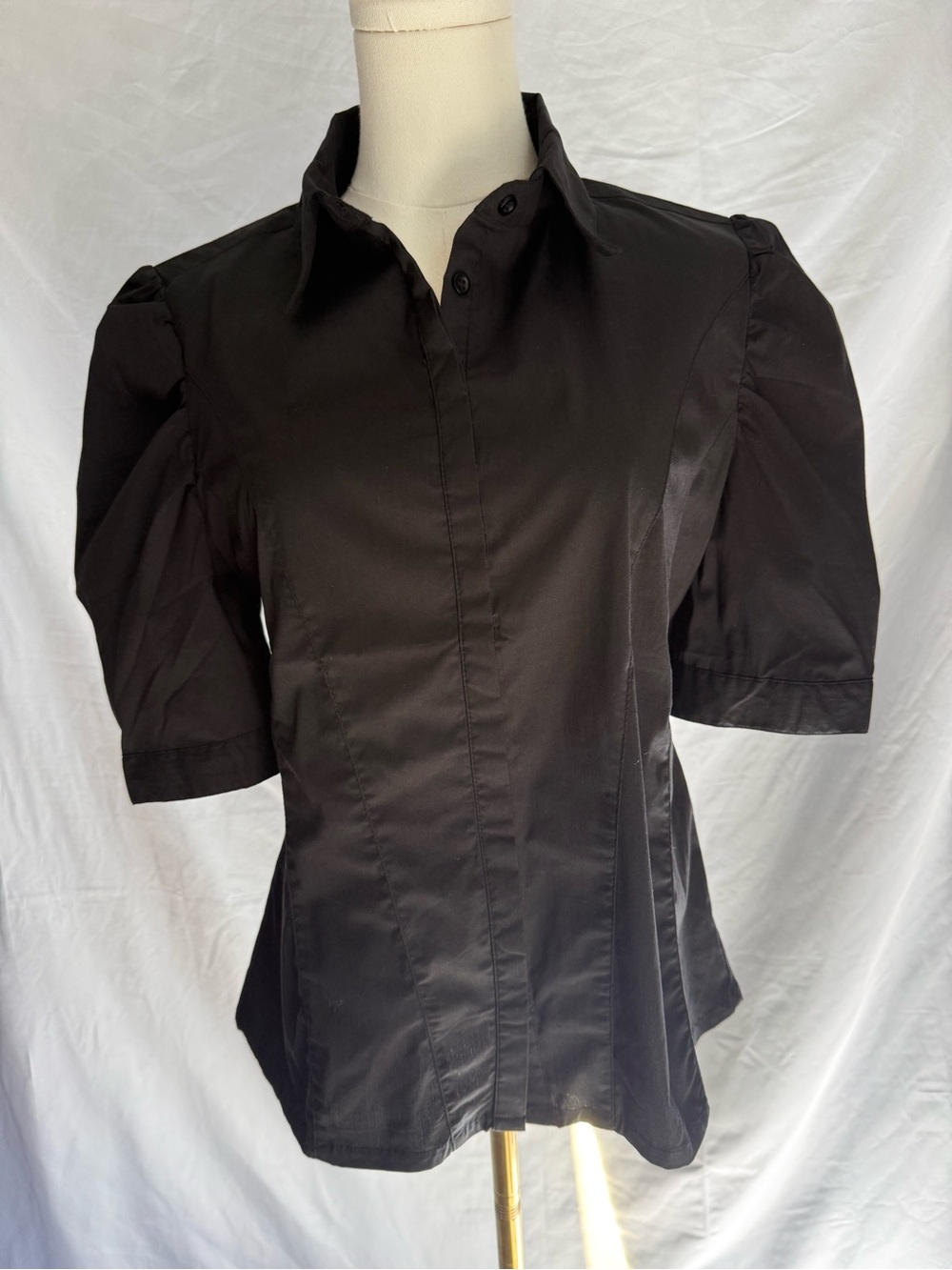 Mind Code Puff Sleeve Button Front Shirt Short Sleeve Size Large Black